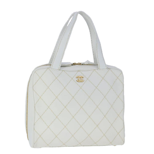 CHANEL Matelasse Wild Stitch Hand Bag Leather White Gold CC 102622