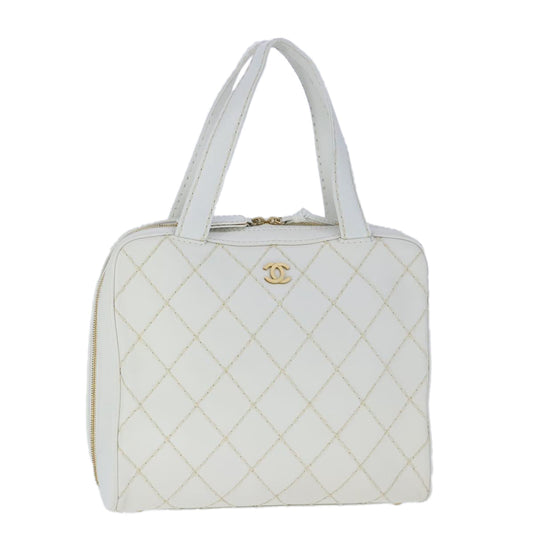 CHANEL Matelasse Wild Stitch Hand Bag Leather White Gold CC 102622