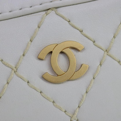 CHANEL Matelasse Wild Stitch Hand Bag Leather White Gold CC 102622