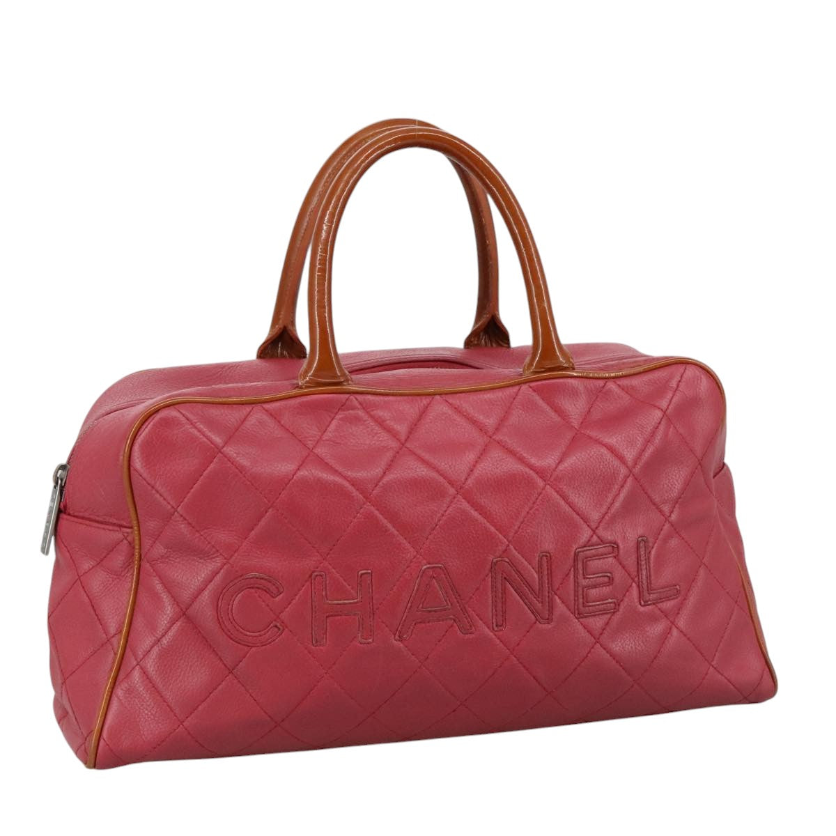 CHANEL Boston Bag Leather Red Silver CC 102690