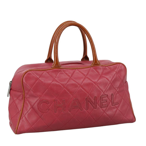 CHANEL Boston Bag Leather Red Silver CC 102690