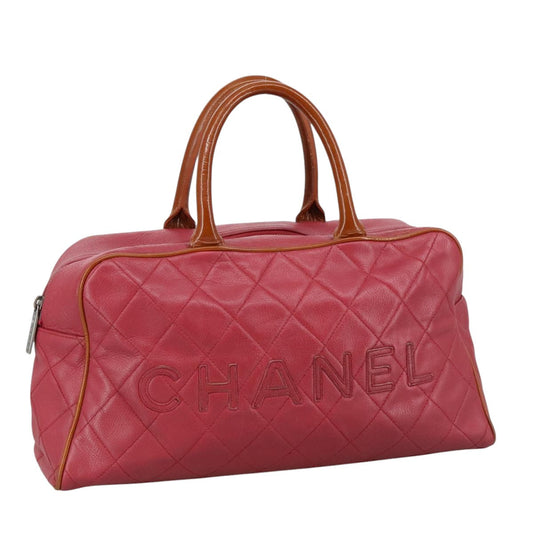 CHANEL Boston Bag Leather Red Silver CC 102690