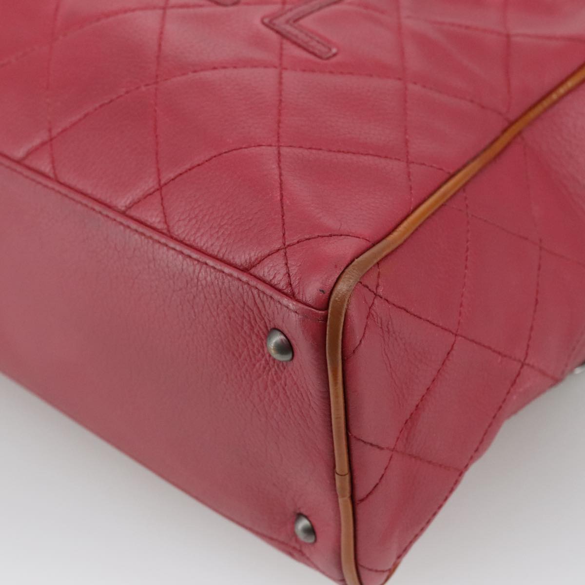 CHANEL Boston Bag Leather Red Silver CC 102690