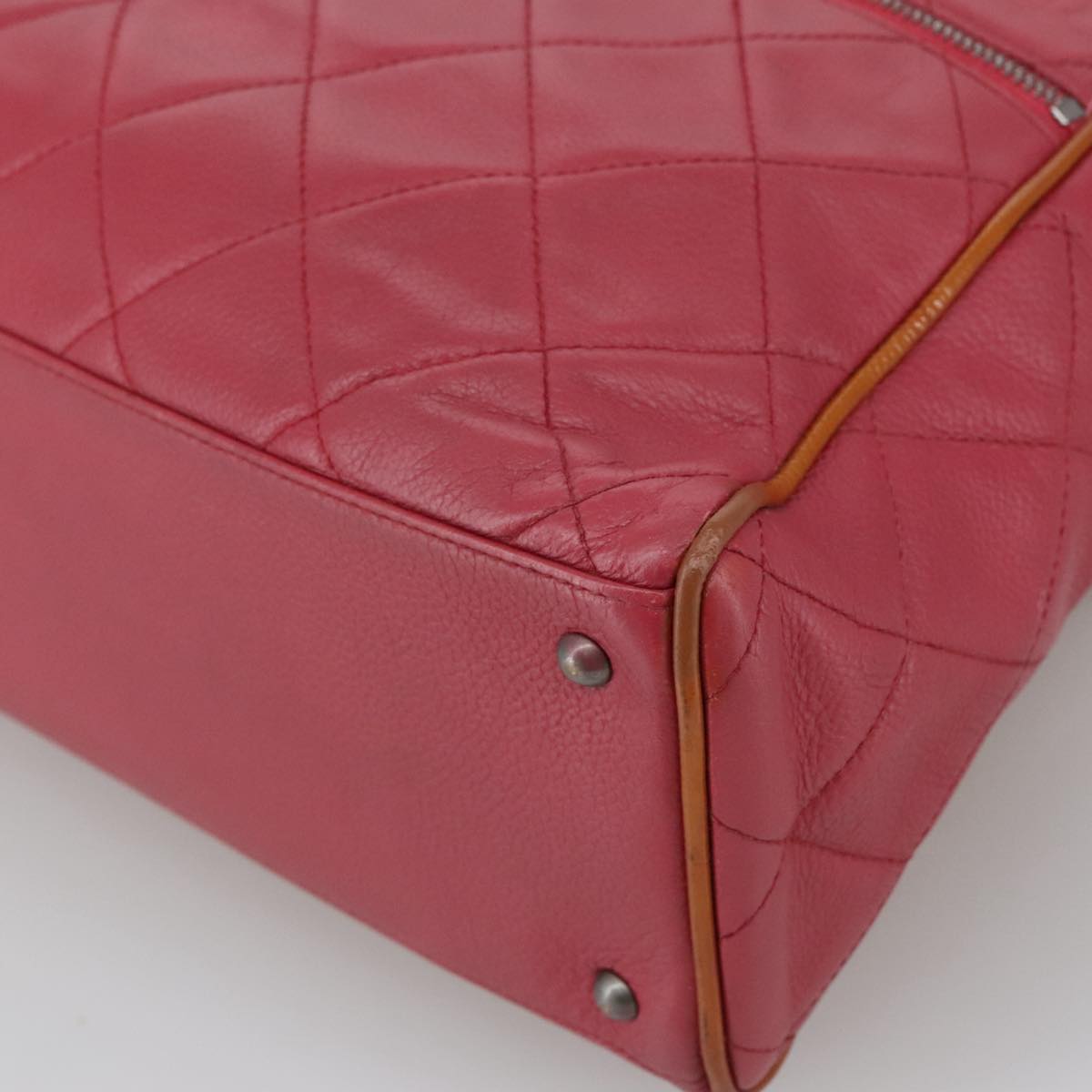 CHANEL Boston Bag Leather Red Silver CC 102690