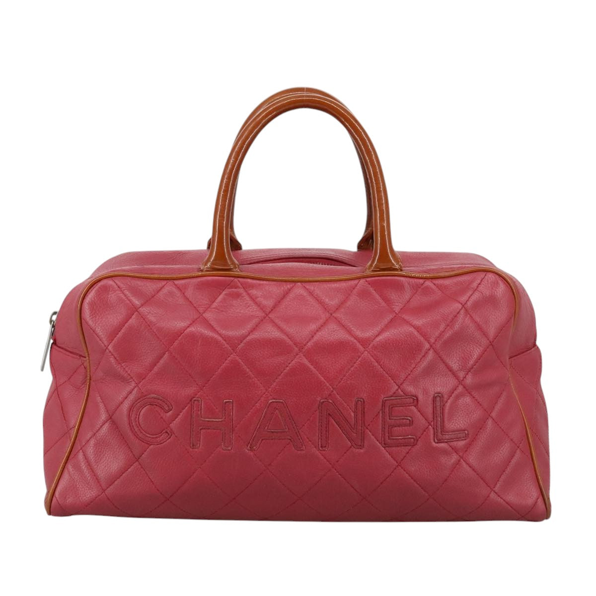 CHANEL Boston Bag Leather Red Silver CC 102690