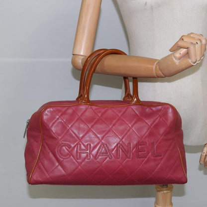 CHANEL Boston Bag Leather Red Silver CC 102690