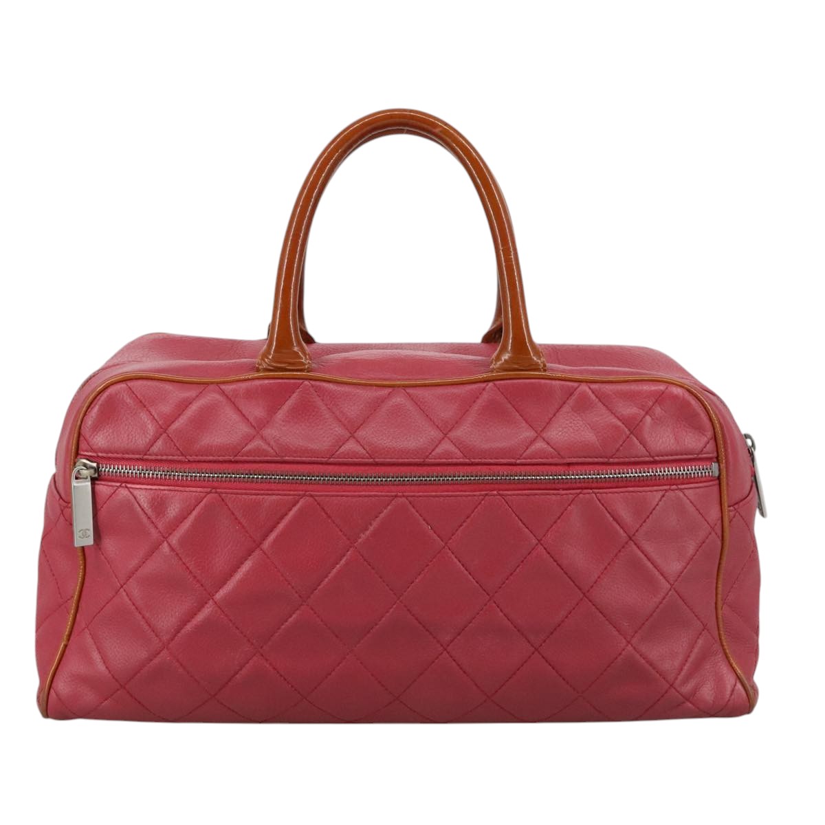 CHANEL Boston Bag Leather Red Silver CC 102690