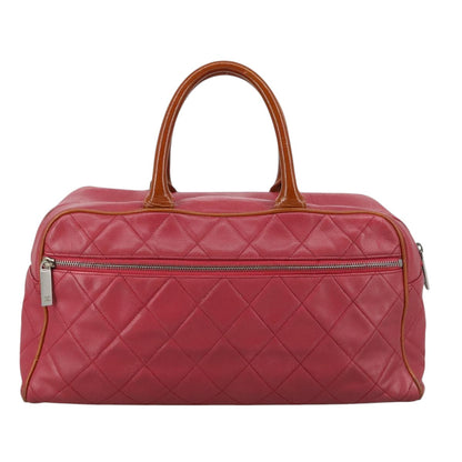 CHANEL Boston Bag Leather Red Silver CC 102690
