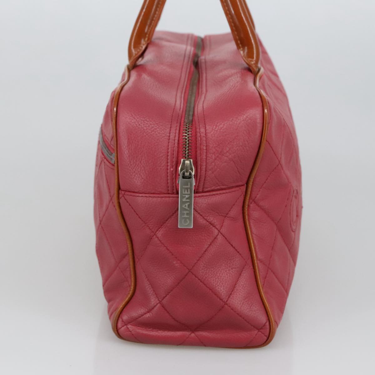 CHANEL Boston Bag Leather Red Silver CC 102690