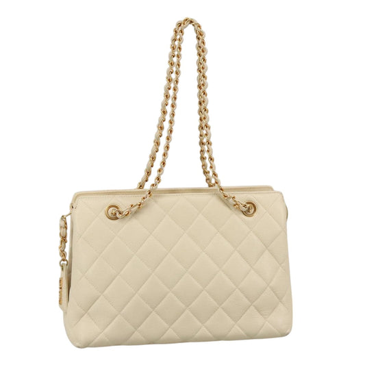 CHANEL Matelasse Chain Hand Bag Caviar Skin Beige Gold CC 102830