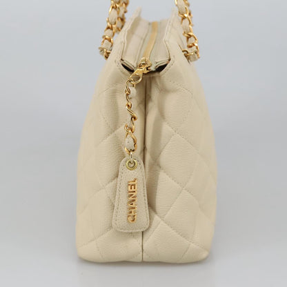 CHANEL Matelasse Chain Hand Bag Caviar Skin Beige Gold CC 102830