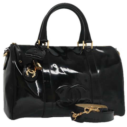 CHANEL Boston Bag Patent leather 2way Black Gold CC 102998