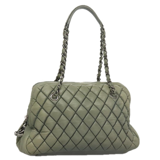 CHANEL Matelasse Chain Shoulder Bag Lamb Skin Green Silver CC 103203