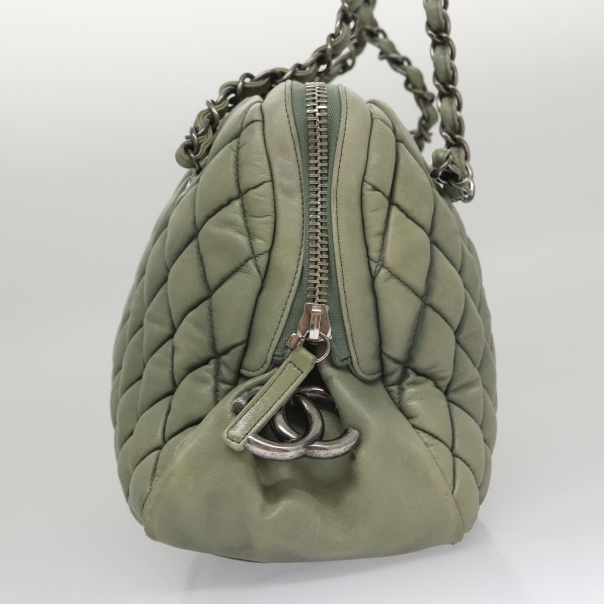 CHANEL Matelasse Chain Shoulder Bag Lamb Skin Green Silver CC 103203