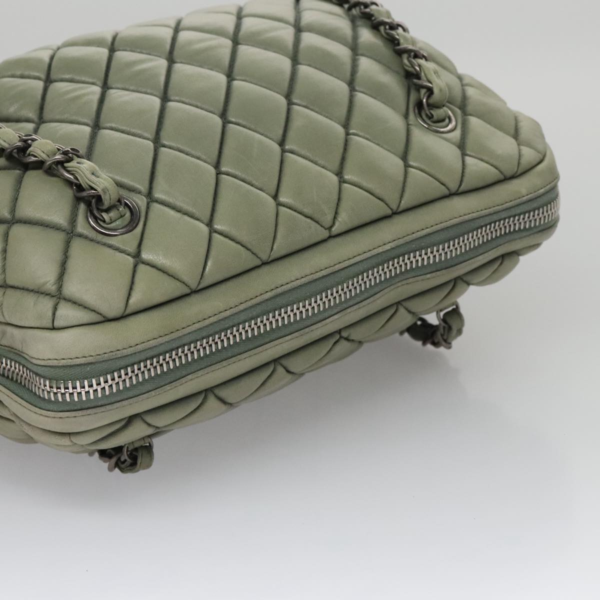 CHANEL Matelasse Chain Shoulder Bag Lamb Skin Green Silver CC 103203