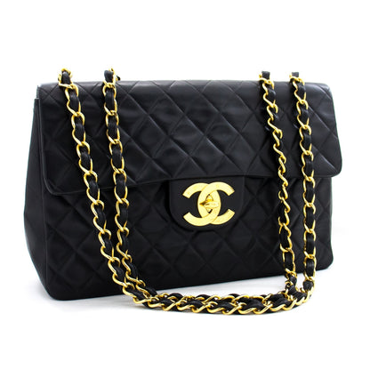 CHANEL Jumbo 13" Maxi 2.55 Flap Chain Shoulder Bag Black Lambskin d68