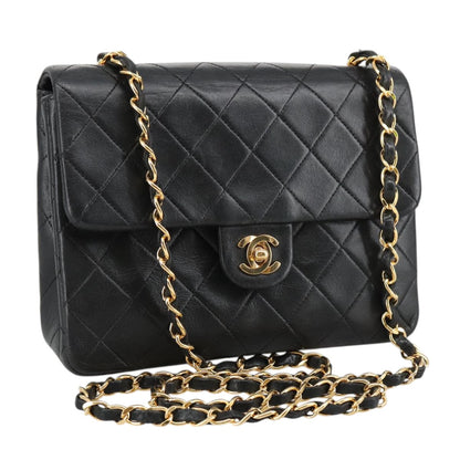 CHANEL Mini Matelasse Chain Shoulder Bag Lamb Skin Black Gold CC 103354