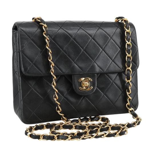 CHANEL Mini Matelasse Chain Shoulder Bag Lamb Skin Black Gold CC 103354