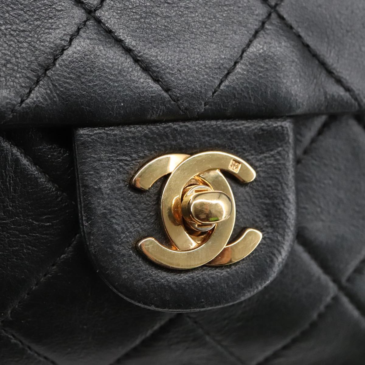 CHANEL Mini Matelasse Chain Shoulder Bag Lamb Skin Black Gold CC 103354