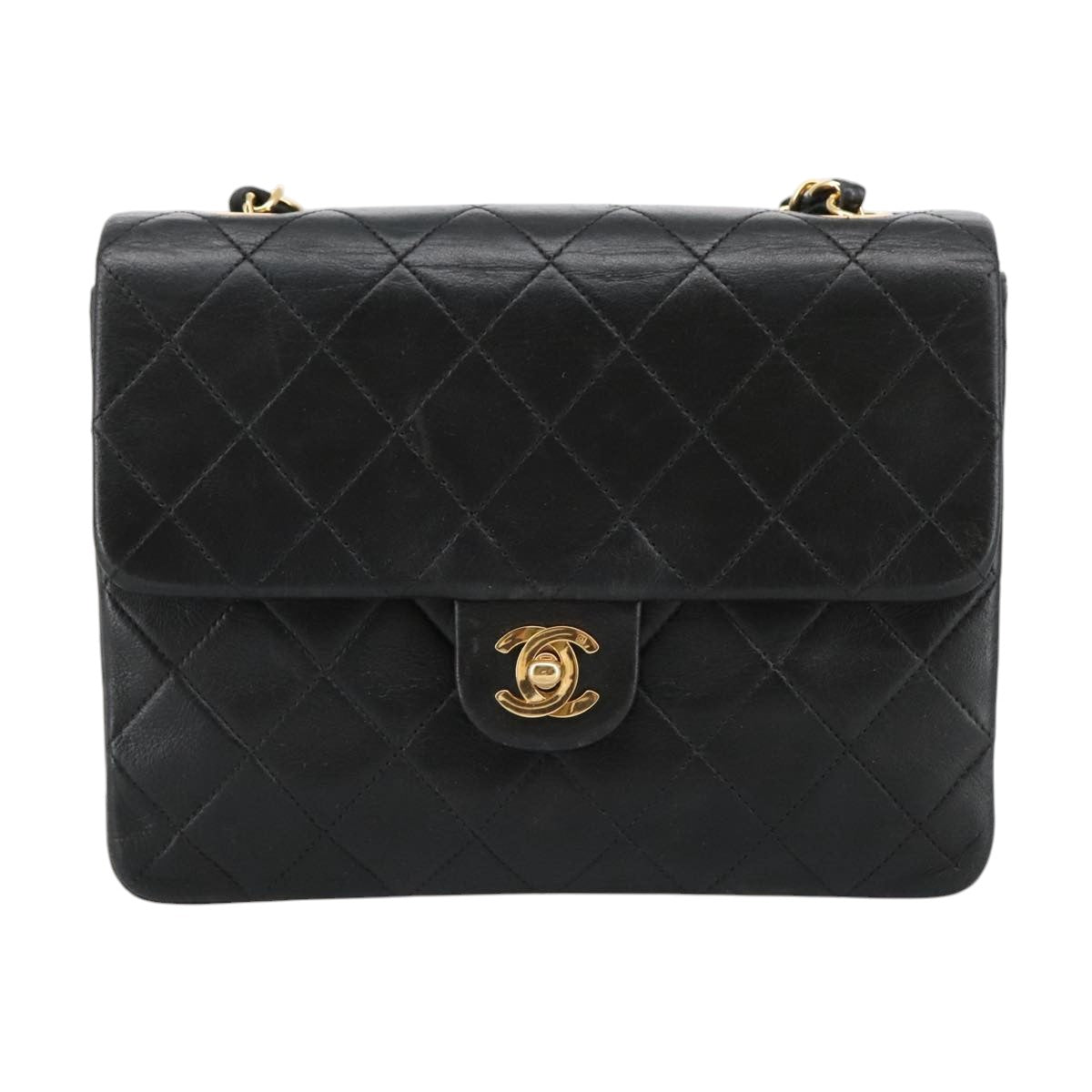 CHANEL Mini Matelasse Chain Shoulder Bag Lamb Skin Black Gold CC 103354