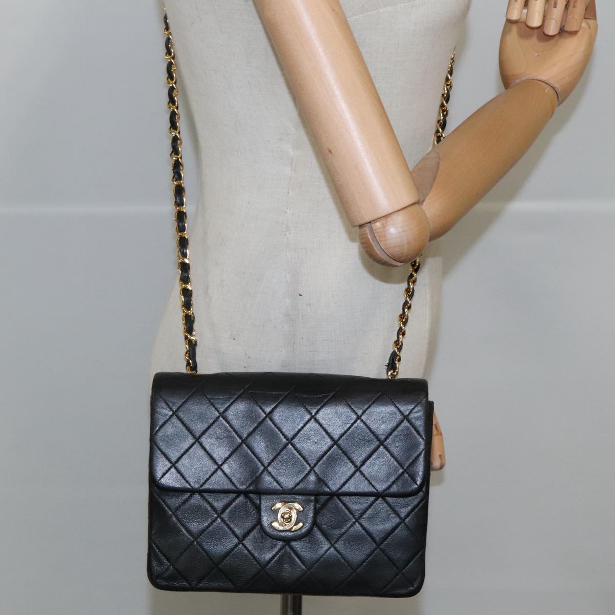 CHANEL Mini Matelasse Chain Shoulder Bag Lamb Skin Black Gold CC 103354
