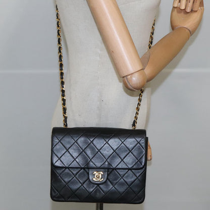 CHANEL Mini Matelasse Chain Shoulder Bag Lamb Skin Black Gold CC 103354