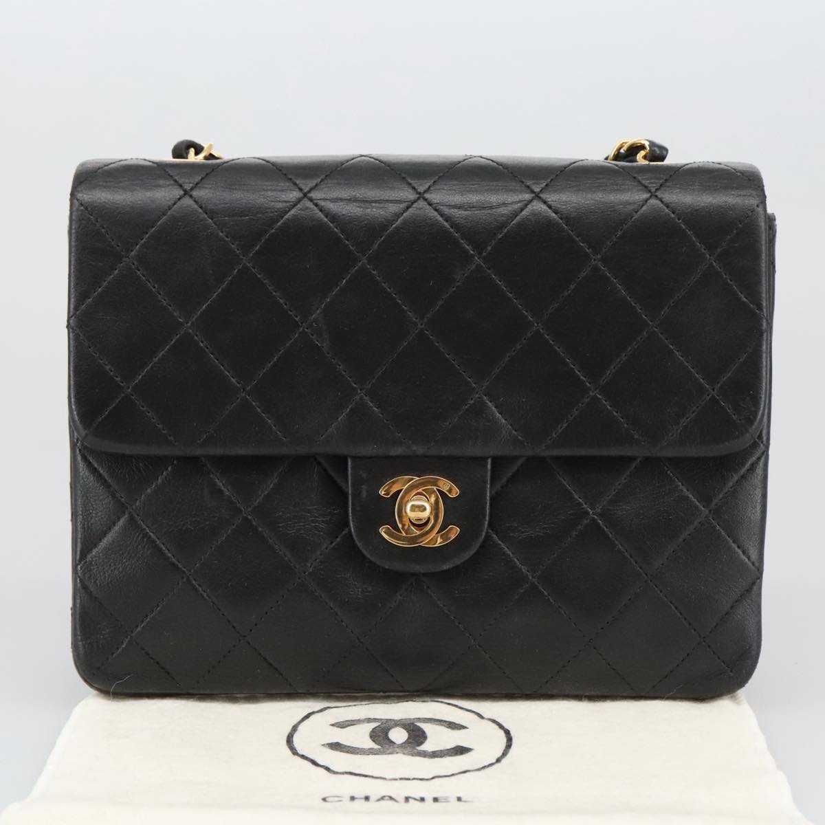 CHANEL Mini Matelasse Chain Shoulder Bag Lamb Skin Black Gold CC 103354