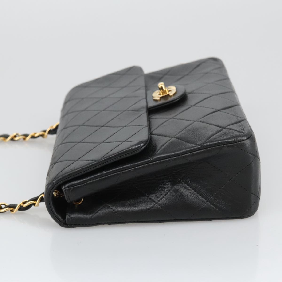 CHANEL Mini Matelasse Chain Shoulder Bag Lamb Skin Black Gold CC 103354