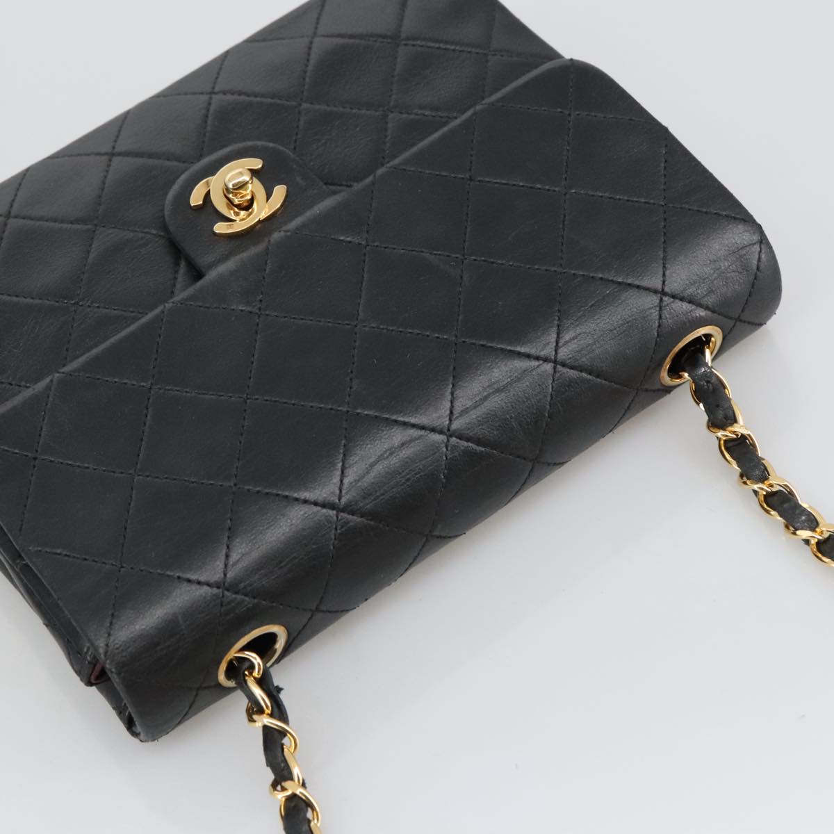 CHANEL Mini Matelasse Chain Shoulder Bag Lamb Skin Black Gold CC 103354