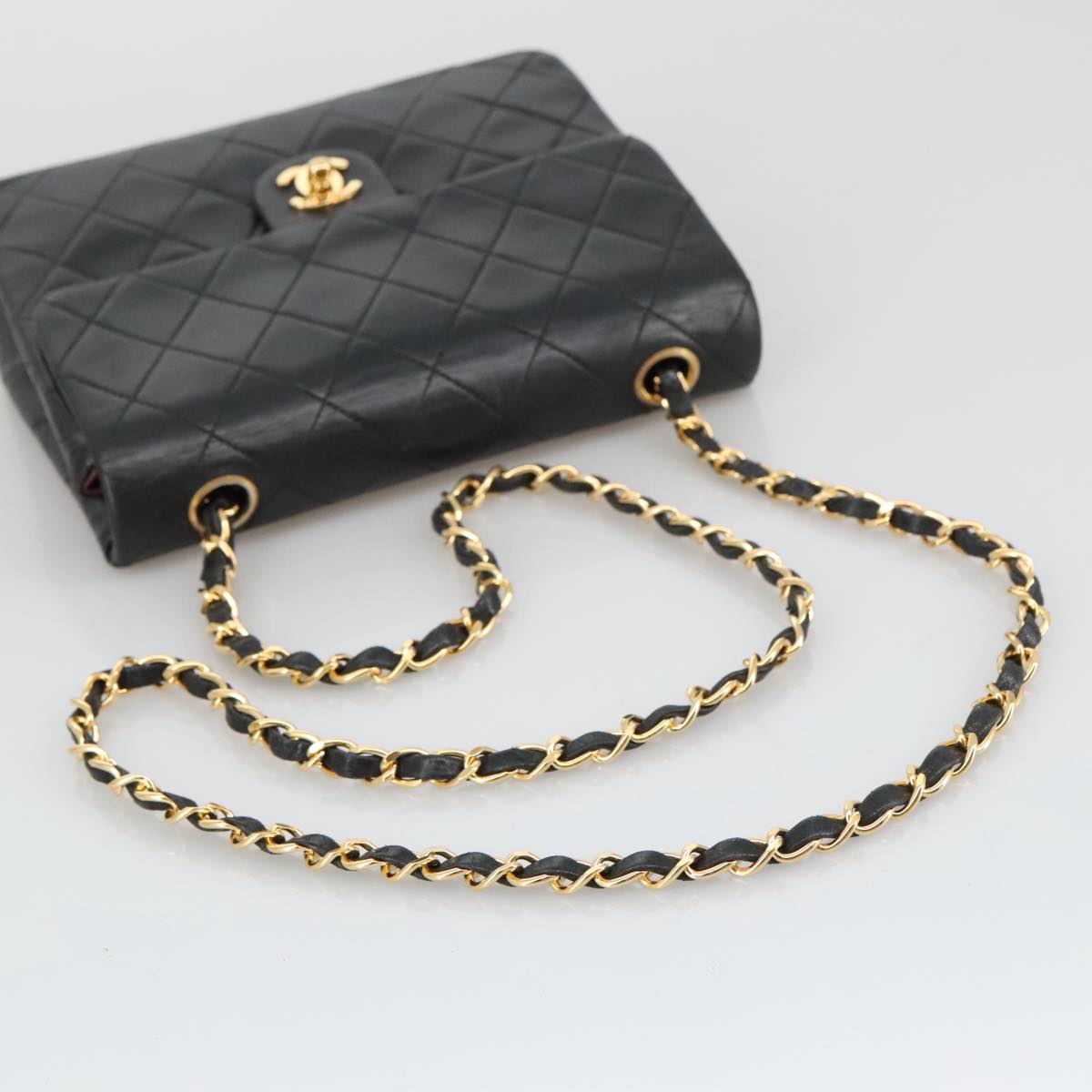 CHANEL Mini Matelasse Chain Shoulder Bag Lamb Skin Black Gold CC 103354