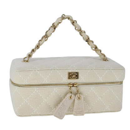 CHANEL Vanity Chain Wild Stitch Pouch Cotton White CC 104339A