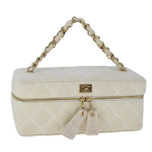 CHANEL Vanity Chain Wild Stitch Pouch Cotton White CC 104339A