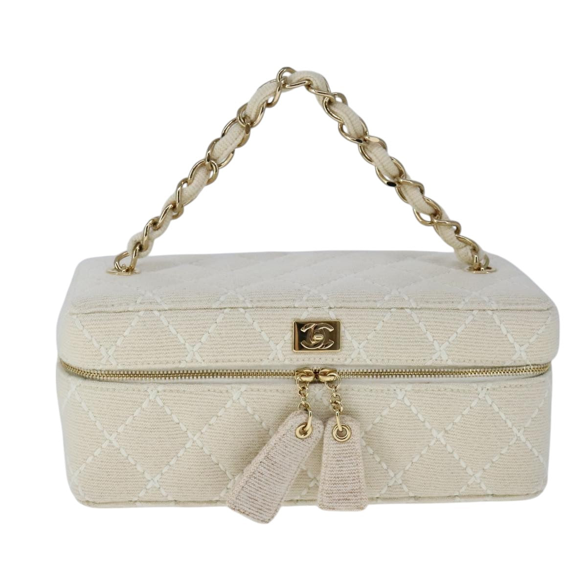CHANEL Vanity Chain Wild Stitch Pouch Cotton White CC 104339A