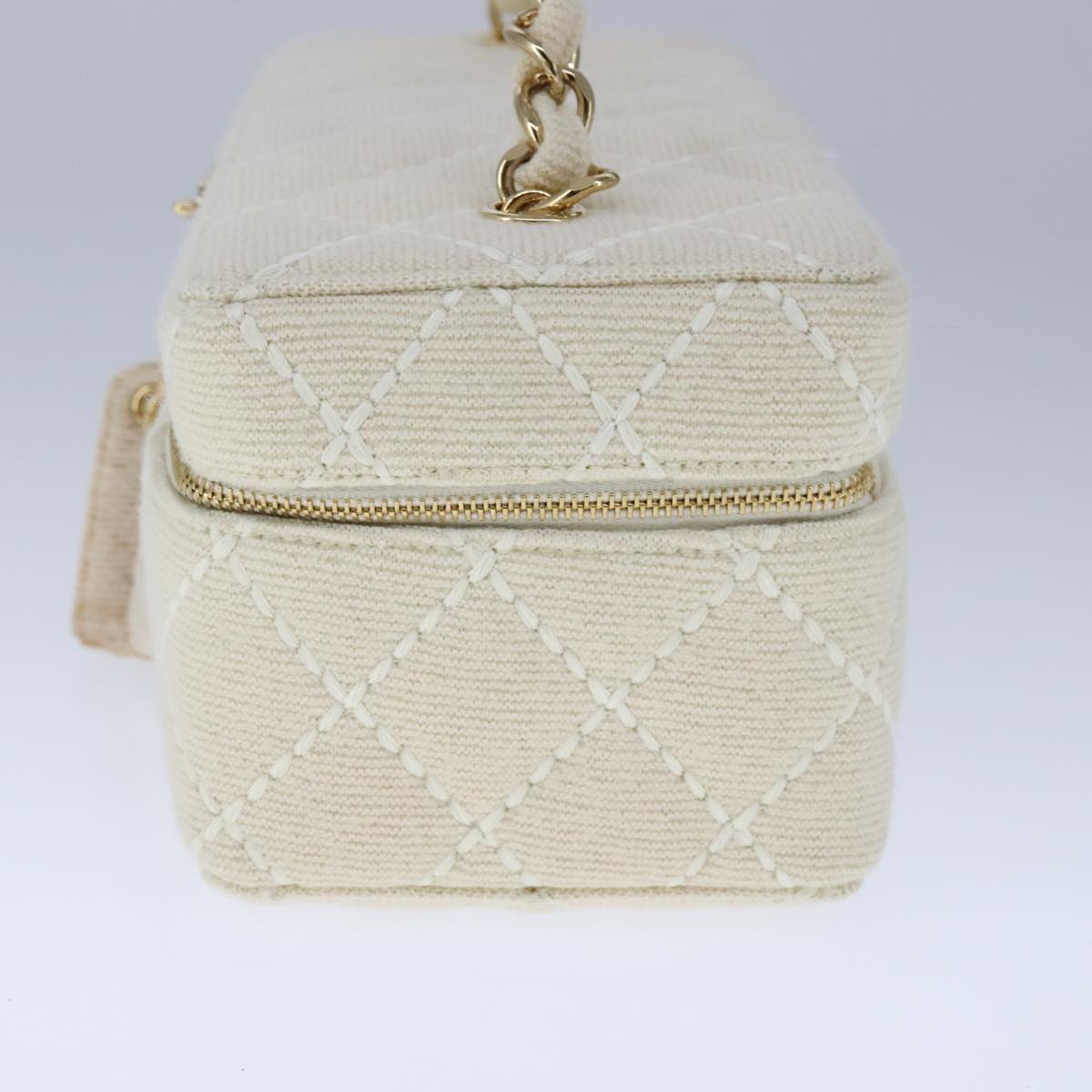 CHANEL Vanity Chain Wild Stitch Pouch Cotton White CC 104339A