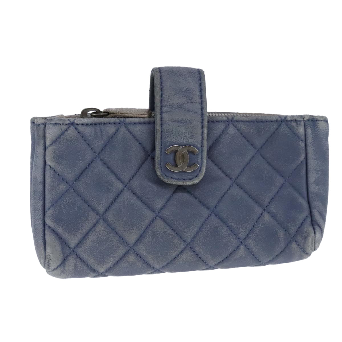 CHANEL Pouch Lamb Skin Blue CC 104355