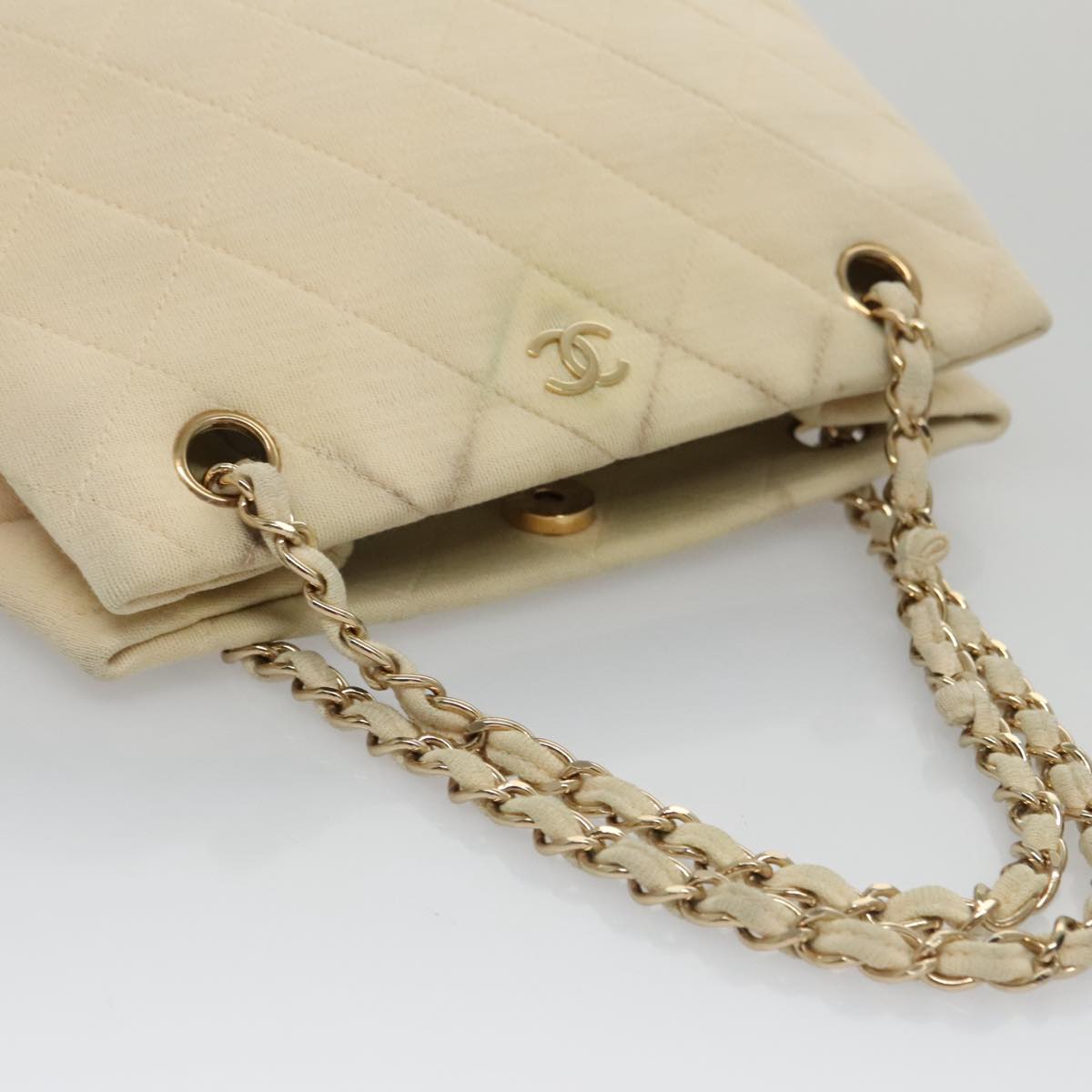 CHANEL Chain Shoulder Bag Cotton Ivory Gold CC 104415