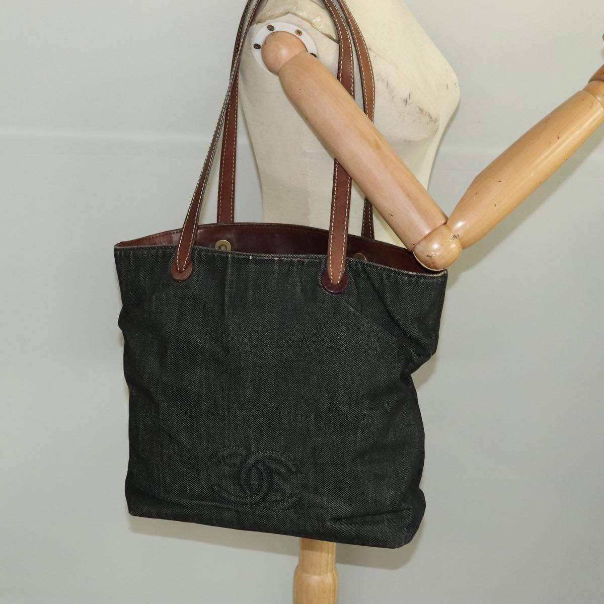 CHANEL COCO Mark Tote Bag Denim Black Brown Gold CC 104765