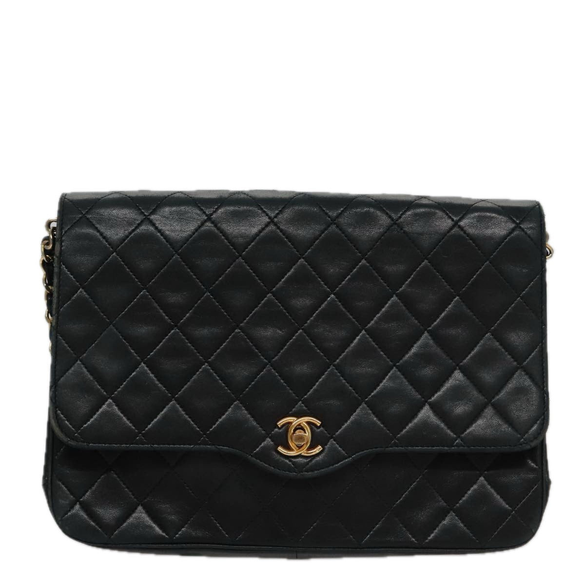 CHANEL Chain Matelasse Shoulder Bag Lamb Skin Navy CC 104986