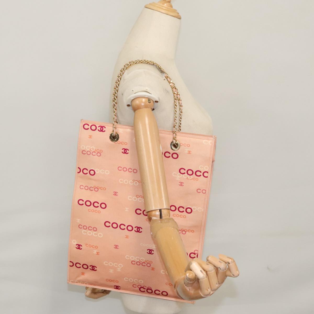 CHANEL Chain COCO Tote Bag Canvas Pink Gold CC 105536