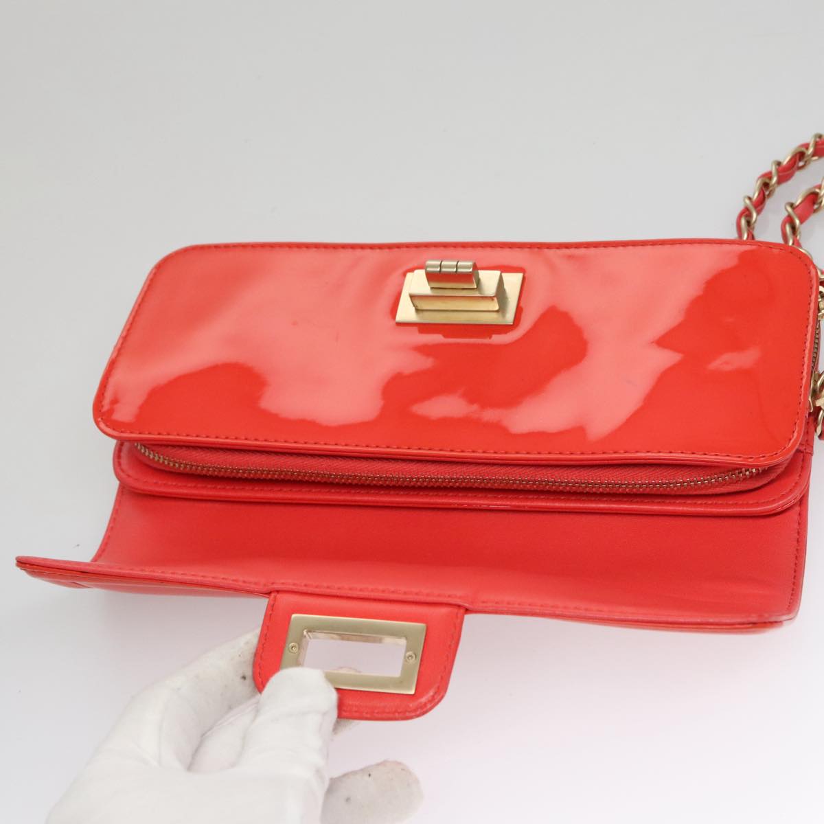 CHANEL Chain Second Bag Patent Leather Red Silver CC 105697
