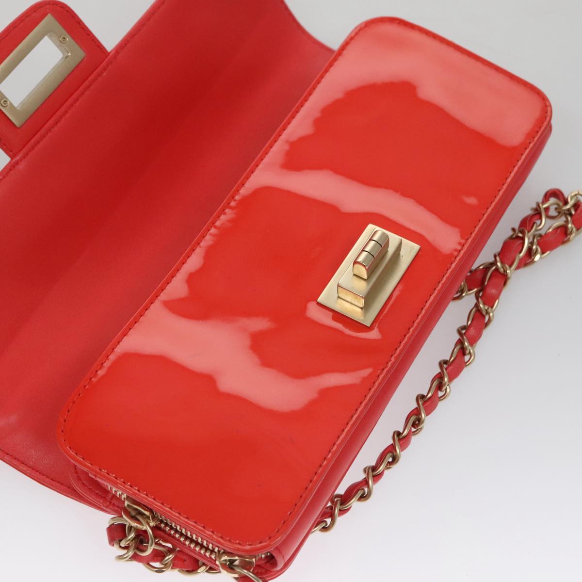 CHANEL Chain Second Bag Patent Leather Red Silver CC 105697