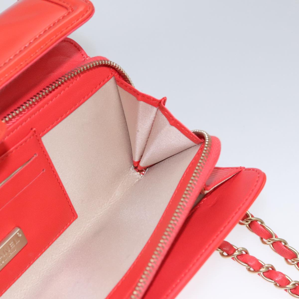 CHANEL Chain Second Bag Patent Leather Red Silver CC 105697