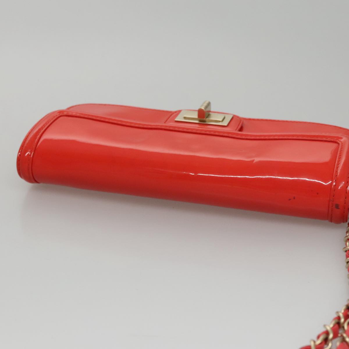 CHANEL Chain Second Bag Patent Leather Red Silver CC 105697