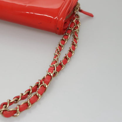CHANEL Chain Second Bag Patent Leather Red Silver CC 105697