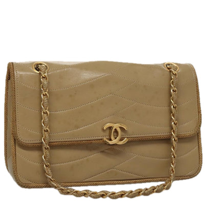 CHANEL Matelasse Chain Shoulder Bag Lamb Skin Beige Gold CC 105701