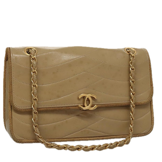 CHANEL Matelasse Chain Shoulder Bag Lamb Skin Beige Gold CC 105701