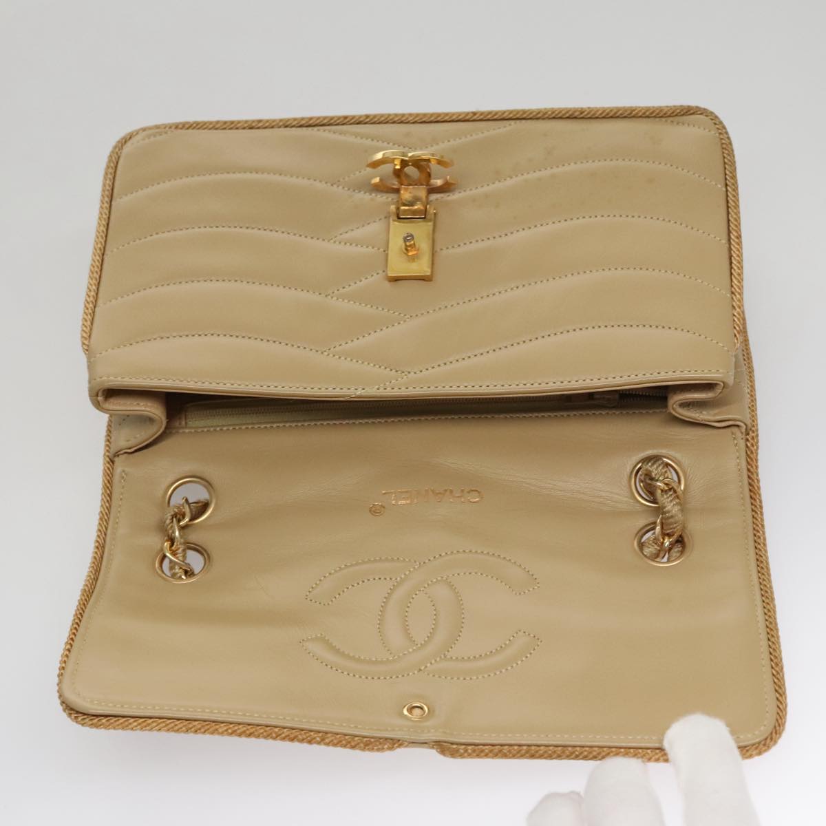 CHANEL Matelasse Chain Shoulder Bag Lamb Skin Beige Gold CC 105701