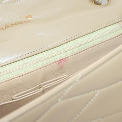 CHANEL Matelasse Chain Shoulder Bag Lamb Skin Beige Gold CC 105701