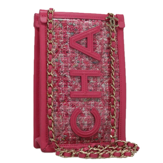 CHANEL Chain Shoulder Bag Tweed Vinyl Pink Gold CC 105704A