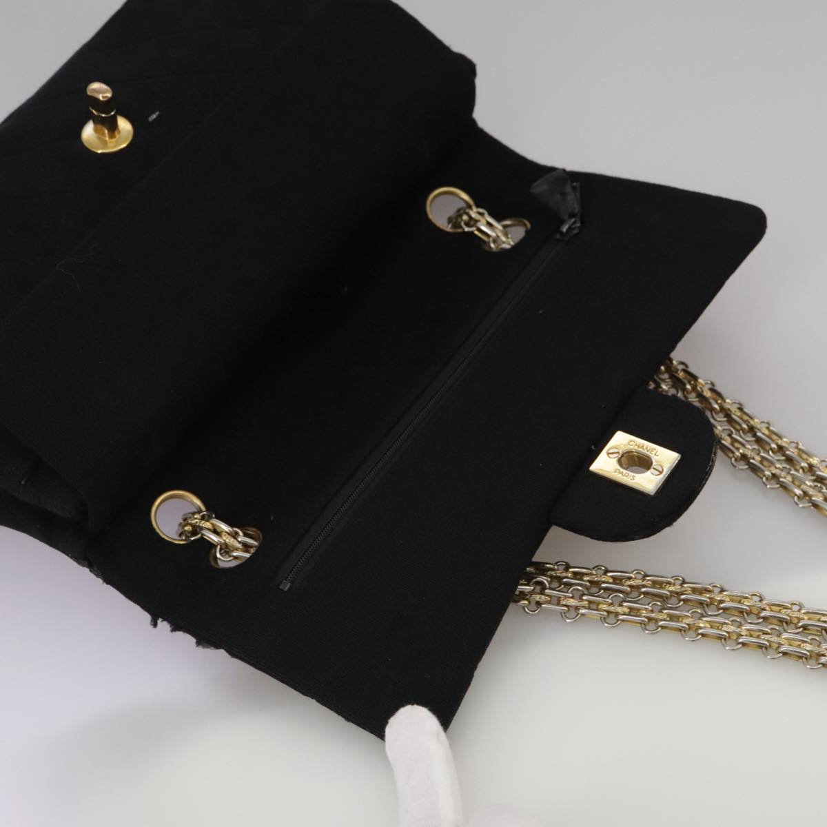 CHANEL Matelasse Chain Shoulder Bag Cotton Black Gold CC 105964